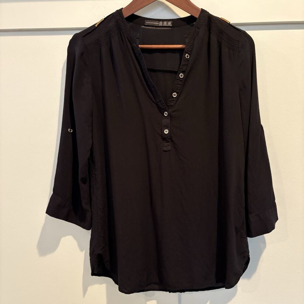 Atmosphere Top‎ Small Black Roll Tab Sleeve Classic Casual Capsule Staple